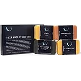 Aura Naturals Mens Bar Soap Pack of 4 - Sandalwood, Lemon, Activated Carbon & Chamomile Scented Natural Soap for Men - 5.3oz Bar - Exfoliating Soaps for Men Body, Hand, Face - Male Soaps Gift Set