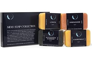 Aura Naturals Mens Soap Bar Pack of 4 - Sandalwood, Lemon, Activated Carbon & Chamomile Scented Natural Soap - 150g Exfoliati