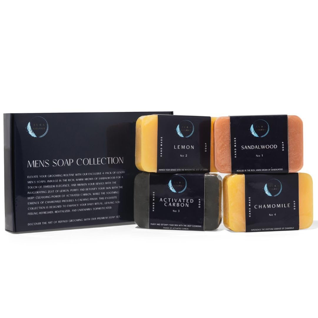 Aura Naturals Mens Soap Bar Pack of 4 - Sandalwood, Lemon, Activated Carbon & Chamomile Scented Men Soap Bar - 150g Exfoliating Soap for Men, Natural Body Soap Gift Set