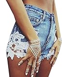 OULIU Womens High Waist Lace Stitching Hot Denim Shorts Jeans Blue M