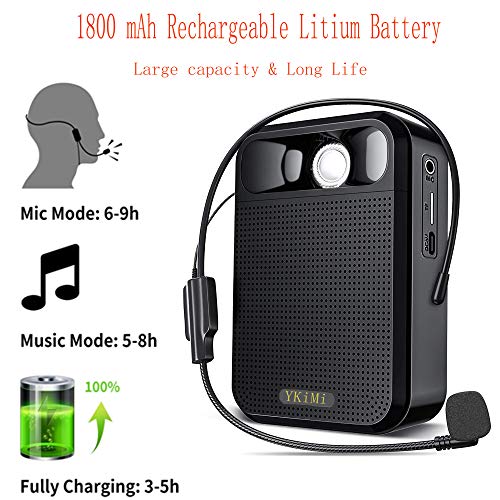 YKiMi Voice Amplifier Portable Rechargeable Mini Speaker with Wired Microphone Headset and Portable Lapel mic with Large Capacity 10W 1800mAh Rechargeable for Teachers, Tour Guide,Training, Outdoors