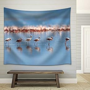 Flock of Flamingos Wading in The Shallow Lagoon Water - Fabric Wall Tapestry Home Decor - 51x60 inches