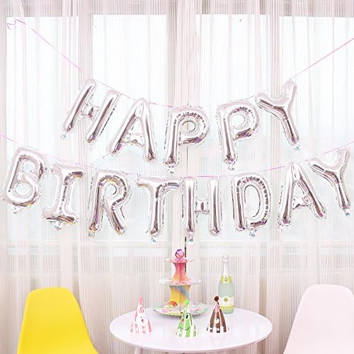 Silver 16" Hang HAPPY BIRTHDAY Letter Alphabet Balloons banner Kits Photo Booth Prop, Prop, Girl Boy Birthday Party Decor (Sliver)