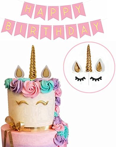Unicorn Cake Topper with Eyelashes Bonus with Pink Happy Birthday Banner Unicorn Party Supplies