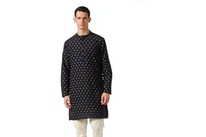 In-Sattva Men's Mandarin Collar Micro Dobby Fine Print Mid-Length Kurta Tunic