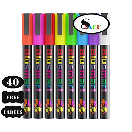 Chalk markers, Blusmart 8pcs Liquid Chalk Pens 3mm Reversible tips 40 Chalkboard Labels Perfect for Chalkboards, Windows, Glass,Whiteboard