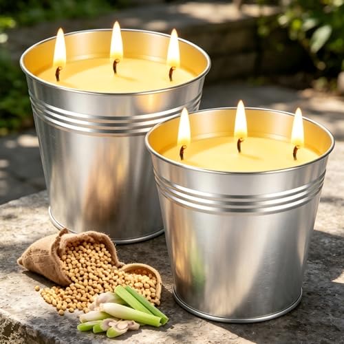 2 x 17oz Citronella Candle Outdoor Large 3-Wick Bucket Citronella Candle for Home Patio up to 240 Hours, Natural Soy Wax Lemograss Candle for Outside Garden Backyard Balcony Summer Camping