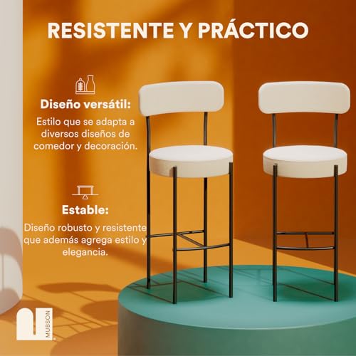 MUBSON Juego de 2 Bancos para Barra de Cocina. Par de Taburetes de Cocina o Bar T﻿apizados. Set de 2 Sillas Altas Altura de 1 Metro con Respaldo Luma. Bar Chairs