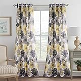 H.VERSAILTEX Linen Blended Grommet Semi-Sheer Curtains - 2 Pieces- Decorative Vintage Blooming Floral with Yellow Gray Pattern for Living Room, Privacy Assured (W52 x L84 inch)