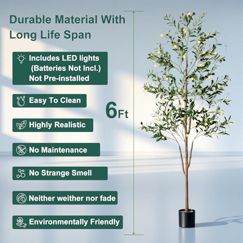 Olive Tree, 6FT Tall Faux Olive Tree with Moss and Planter, Olive Trees Artificial Indoor with Realistic Wood Trunk and Lifelike Fruits, Olive Fake Tree for Home Office Living Room Decor
