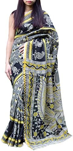 GiftPiper Kalamkari Silk Saree with Zari Border -Grey
