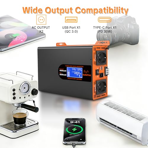 SolaYnc 4000W/8000W 24V 220V/230V Pure Sine Inverter DC AC Sine Wave Inverter, with LCD Display, Remote Control, 2 EU AC Sockets, Type-C 30W Interface and USB Port, for Cars, Boats, Trucks
