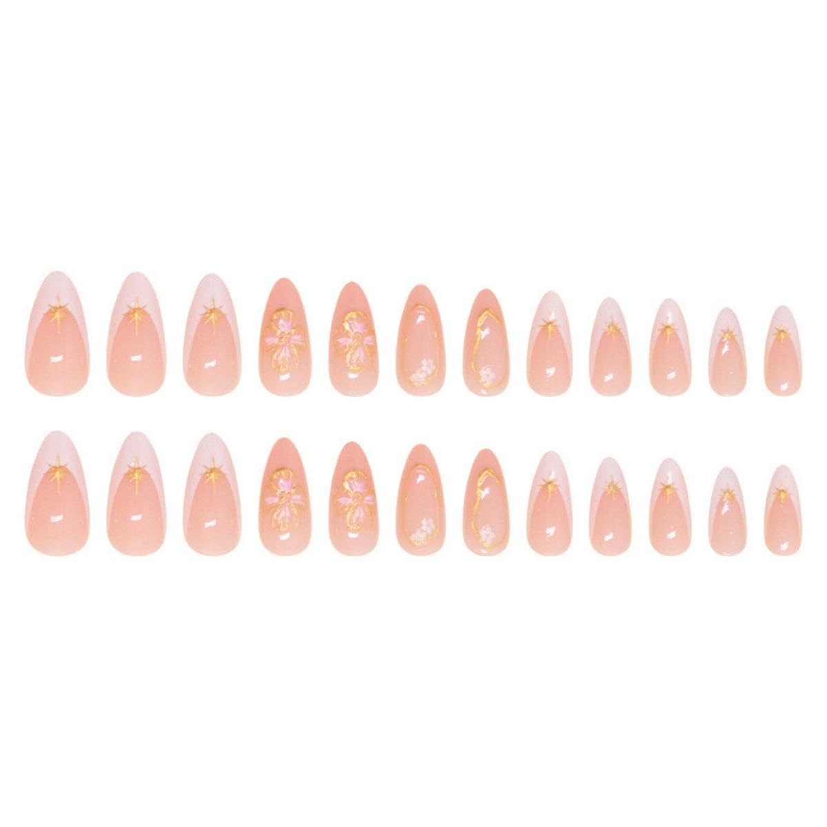 Gold Flower Press on Nails Medium Almond Fake Nails with Gold Star Designs Glue on Nails White French tips False Nails Glossy Reusable Embossed Nails for Women Girls Manicure 24pcs - Image 5