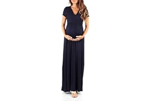 Mother Bee Maternity Short Sleeve Ruched Waist Faux Wrap Maxi Dress