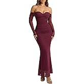 CurvySweet Off The Shoulder Bodycon Corset Ruched Maxi Dress Built-in Bra Long Sleeves Wedding Guest Long Dresses for Women