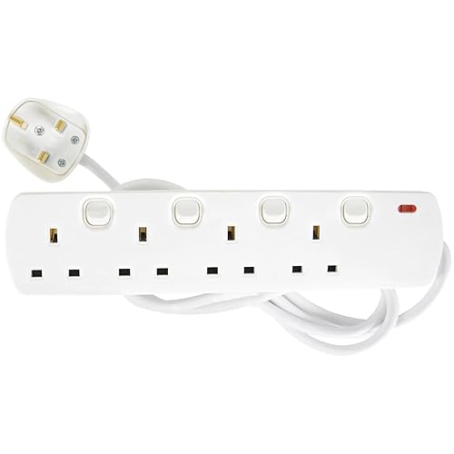 Mercury | 4-Gang Individually Switched Extension Lead | 2m Cable | UK Plug | White | Multi-Socket Individually Switched Power Strip with Wall Mount & Neon Indicator