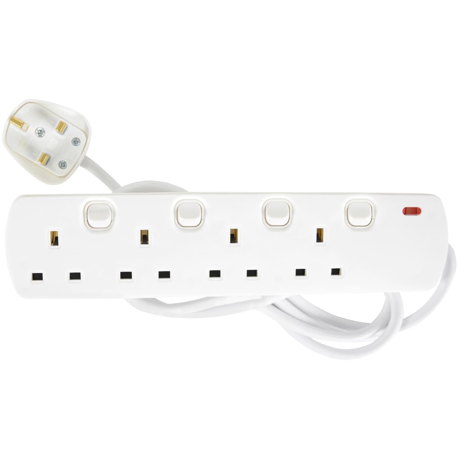 Mercury | 4-Gang Individually Switched Extension Lead | 2m Cable | UK Plug | White | Multi-Socket Individually Switched Power Strip with Wall Mount & Neon Indicator