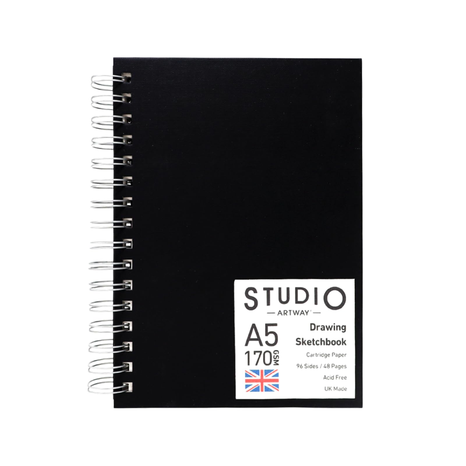 Artway Studio A5 Spiral Bound Sketchbook - Portrait - 48 Pages (96 Sides) of 170gsm Cartridge Paper - Black Hardcover Drawing Pad for Sketching, Drawing & Illustration