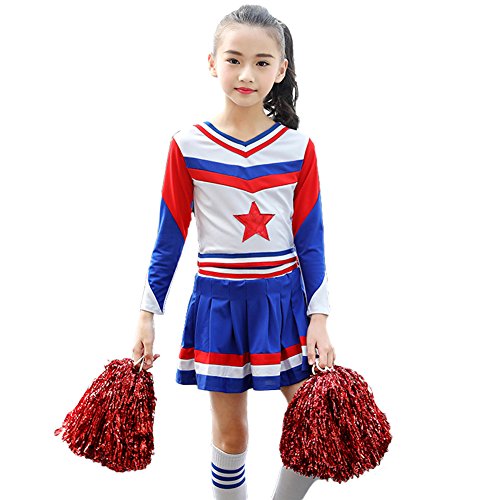 Dreamowl Girls Cheerleader Costume Uniform Youth Star Cheerleading Outfit Match Pompoms (6X-7, Long Sleeve)
