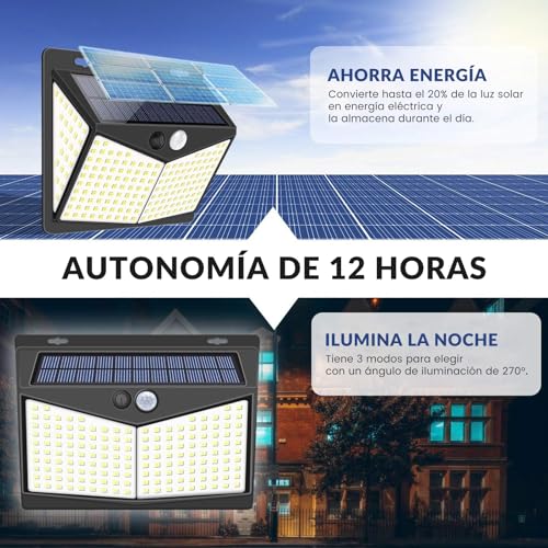 LONEASY Luces Solares, 2 Paquetes Luz Solar Exterior 208 LED / 3 Modos 270 ° Lámpara Solar Exterior IP65 Impermeable Iluminación Exterior con Sensor de Movimiento para Jardín, Patio, Terraza, Inicio