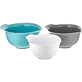 KitchenAid Universal Nesting Plastic Mixing Bowls, Set Of 3, 2.5 quart, 3.5 quart, 4.5 quart, Non Slip Base with Easy Pour Spout to Reduce Mess, Dishwasher Safe, Aqua Sky, White, Gray