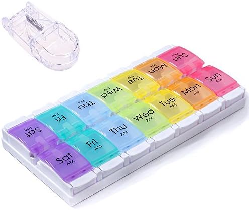 7 Day Pill Case, Qtimal Large Weekly Pill Organizer Box ( Twice-A-Day) with Large Compartments to Hold Vitamins, Fish Oil, Supplements and Medication, Bonus 1 Free Pill Splitter