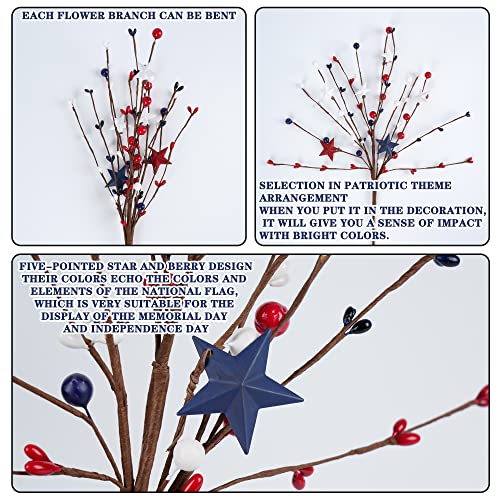 Shitailu 4 Pack Patriotic Artificial Berry Stem Picks White Blue Red Stars for 4th of July Independence Day, Pentagram Faux Berry Branches Decoration for Home Office Restaurant Vase Décor