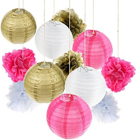 Party Paper Flowers | 6 pcs Paper Lanterns and Pom Pom Flowers for Home Decoration | 8” Diameter Tissue Paper Decoration for Parties Weddings Birthdays | Rose Red White Gold | 1626