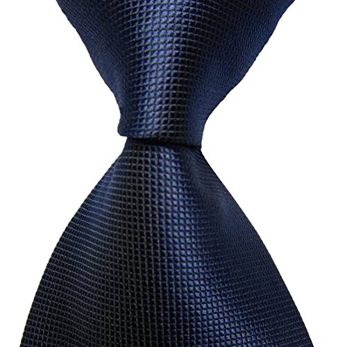 Mens Solid Navy Dark Blue Checked Jacquard Woven Tie Necktie