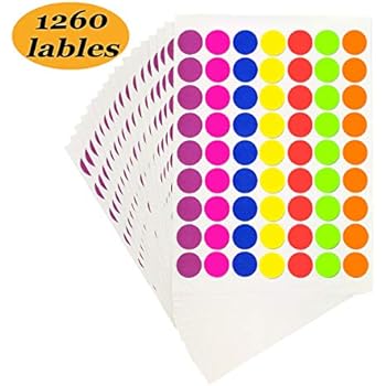 Pack of 1260 1-inch Round Color Coding Labels Circle Dot Stickers,7 Bright Neon Colors,Print or Write 8.5