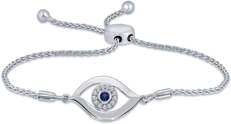 La Joya Sterling Silver Bolo Bracelet with 0.07ct Round White Diamond, Blue Sapphire, Evil Eye Strand - Adjustable Slider Bracelet with Box Link Chain for Womens, Girls