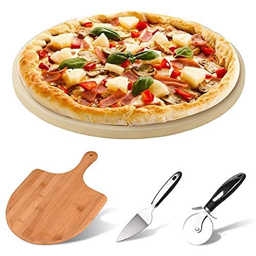 AUGOSTA Round Pizza Stone for Oven and Grill, Free Pizza Peel Paddle
