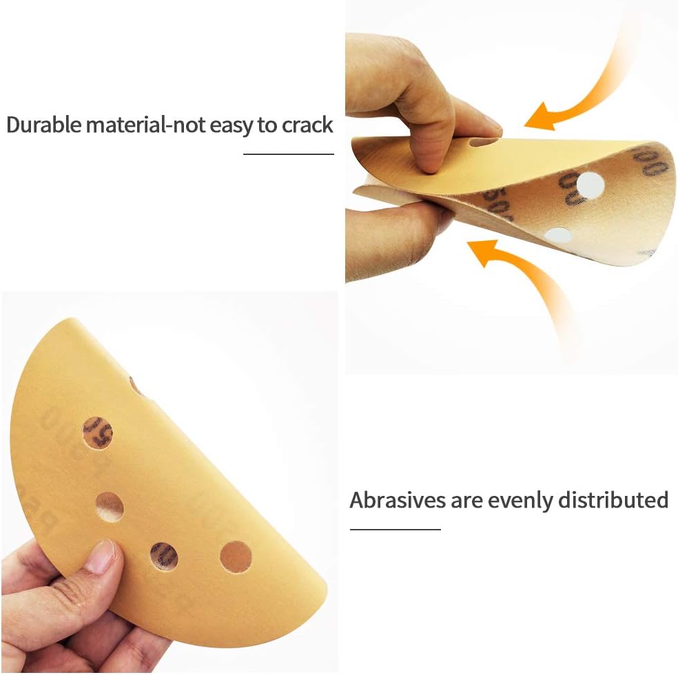 SPEEDWOX 100 Pcs 5 Inches 8 Hole Sanding Discs 500 Grit Dustless Hook and Loop Sandpaper for Random Orbital Sander Yellow Finishing Discs for Automotive Woodworking - Image 4
