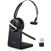 Wireless Headset with Mic for Work Bluetooth Headset with Microphone for PC | Noise Cancelling Mic USB Dongle Charging Base Mute Button for Computer Office Call Center Phone Remote Work from Home Trucker