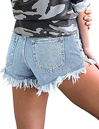 Vetinee pantalones cortos de mezclilla deshilachados con dobladillo crudo para dama