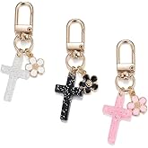 SWJEWEL 3pcs Plastic Glitter Cross Keychain Set for Women Flower Keychain White Pink Black Pack Car Keys Ring Accessories Clip Handbag Purse Backpack Pendant Charms LILYCROSS-BWP