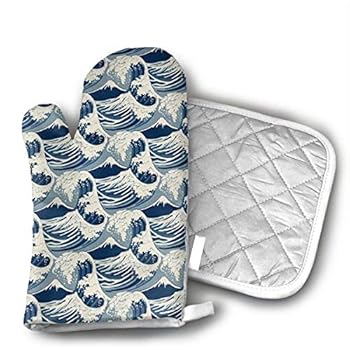 NoveltyGloves The Great Wave Off Kanagawa Oven Mitts,Professional Heat Resistant Microwave BBQ Oven Insulation Thickening Cotton Gloves Baking Pot Mitts Soft Inner Lining Kitchen Cooking