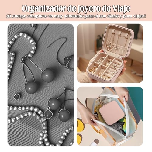 MEKOTRIN Organizador de Joyero Pequeño, Caja de Viaje para Mujeres de 20 Piezas, Estuche Portátil de PU para Anillos, Pendientes y Collares(Rosáceo)