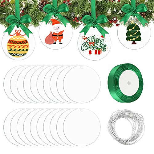 BigOtters Christmas Acrylic Ornaments, 20PCS 3 Inch Acrylic Christmas Ornaments Acrylic Christmas Tree Ornaments with 1 Roll Green Ribbon for Christmas Tree Party Hanging Decoration Tag DIY Crafts