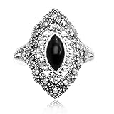 925 Oxidized Sterling Silver Swarovski Marcasite Marquise Black Onyx Ring