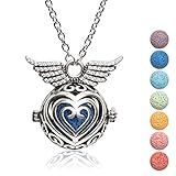 Kayder Antique Silver Angel Wing Filigree Heart-Shaped Locket Essential Oil Diffuser Aromatherapy Pendant Necklace with 7 Color Yoga Chakra Lava Rock Bead Inserts, 20