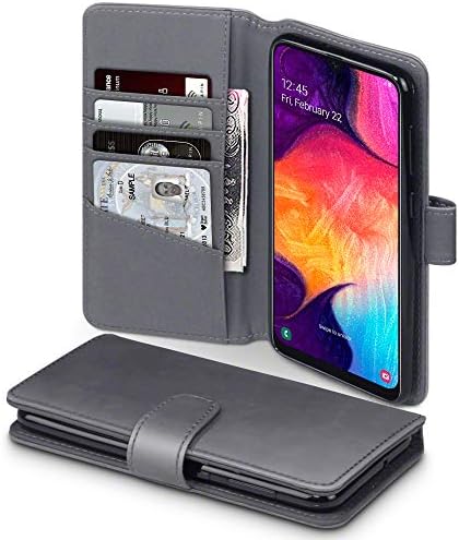 TERRAPIN, Compatible with Samsung Galaxy A50 Case GENUINE LEATHER Wallet Flip Cover - Grey