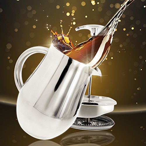 French Press Double-Wall Stainless Steel Mirror Finish (Euro) Coffee/Tea Maker: Double-Screen System 100% No Coffee Grounds Guarantee, 18/10 Stainless Steel, Rust-Free, Dishwasher Safe, 2 Bonus Screen