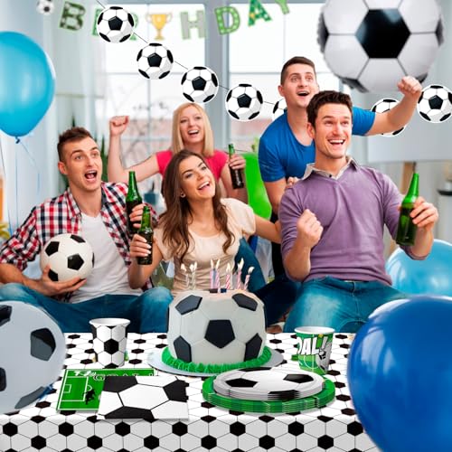 Football Party Supplies, 24 Guests Tableware for Birthday Football Parties – Football Party Plates Napkins Table Cloth Flag etc Birthday Decorations Football Theme