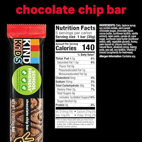 KIND KIDS SNACKS, CHOCOLATE CHIP BAR, TREE NUT AND PEANUT FREE, GLUTEN FREE, WHOLE GRAINS AND OATS, 5G PROTEIN, 5 COUNT