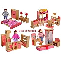 Giraffe US Wood Family Dollhouse Furniture Set, Pink Miniature Bathroom/ Kid Room/ Bedroom/ Kitchen House Furniture Dollhouse Decoration with 4 People Wooden Family Dolls (2-4 inches each)