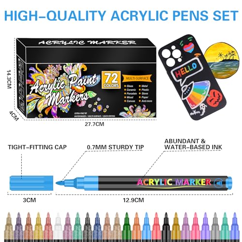 72 Colores, 0.7mm, Rotuladores Acrilicos de Pintura de punta Extra Fina, Plumones Acrylic, Marcadores Acrilicos de Brush Premium para Pintura Vidrio, Tela, Kit de Calabazas, Manualidades Diy