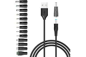 Basicvolt 5V USB to DC Power Cable, USB to DC 5V Power Cord, Universal Charging Cable with 5.5x2.1mm DC Plug and 13 Barrel Ja