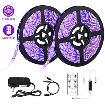 YeeSite 33ft LED UV Black Light Strip Kit with Remote Control, 600 Units UV Lamp Beads, 12V/3A Flexible Blacklight Fixtures for Fluorescent Party Body Paint Stage Lighting