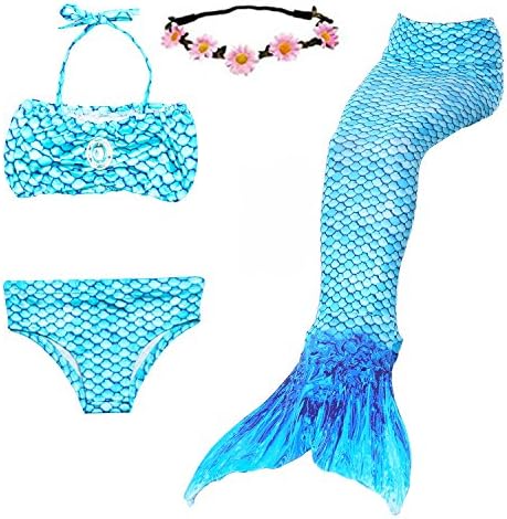 Chogial 3PCS Girls' Swimsuit Mermaid Tail For Swimming Princess Bikini Set Swimsuit Bathingsuit (140(8-10Y), Blue)